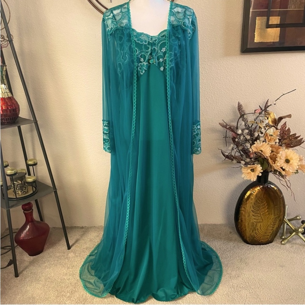 Emerald Green Chiffon Long Maxi Slip Dress Nightgown Robe Peignoir Set